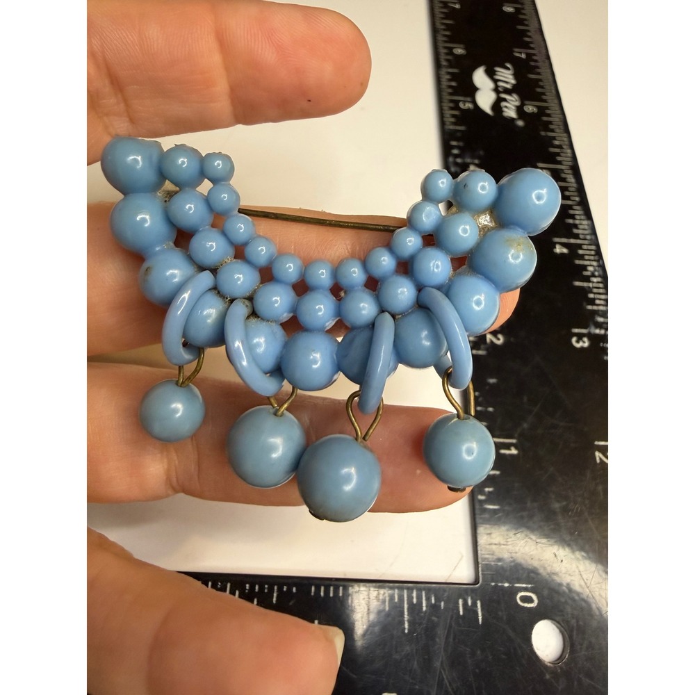 Vintage Blue Plastic Bead Crescent Dangle Brooch Mid Century Costume Jewelry